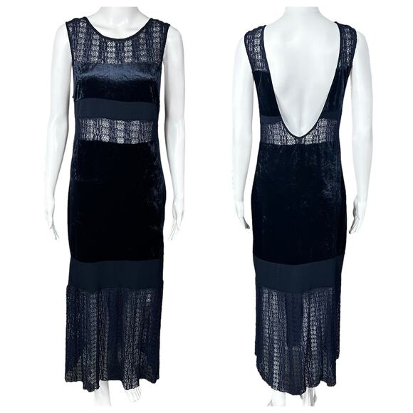 Free People Crushed Velvet Sheer Lace Blue Maxi Dress Large Fairy Witchy Gothic - Picture 2 of 16